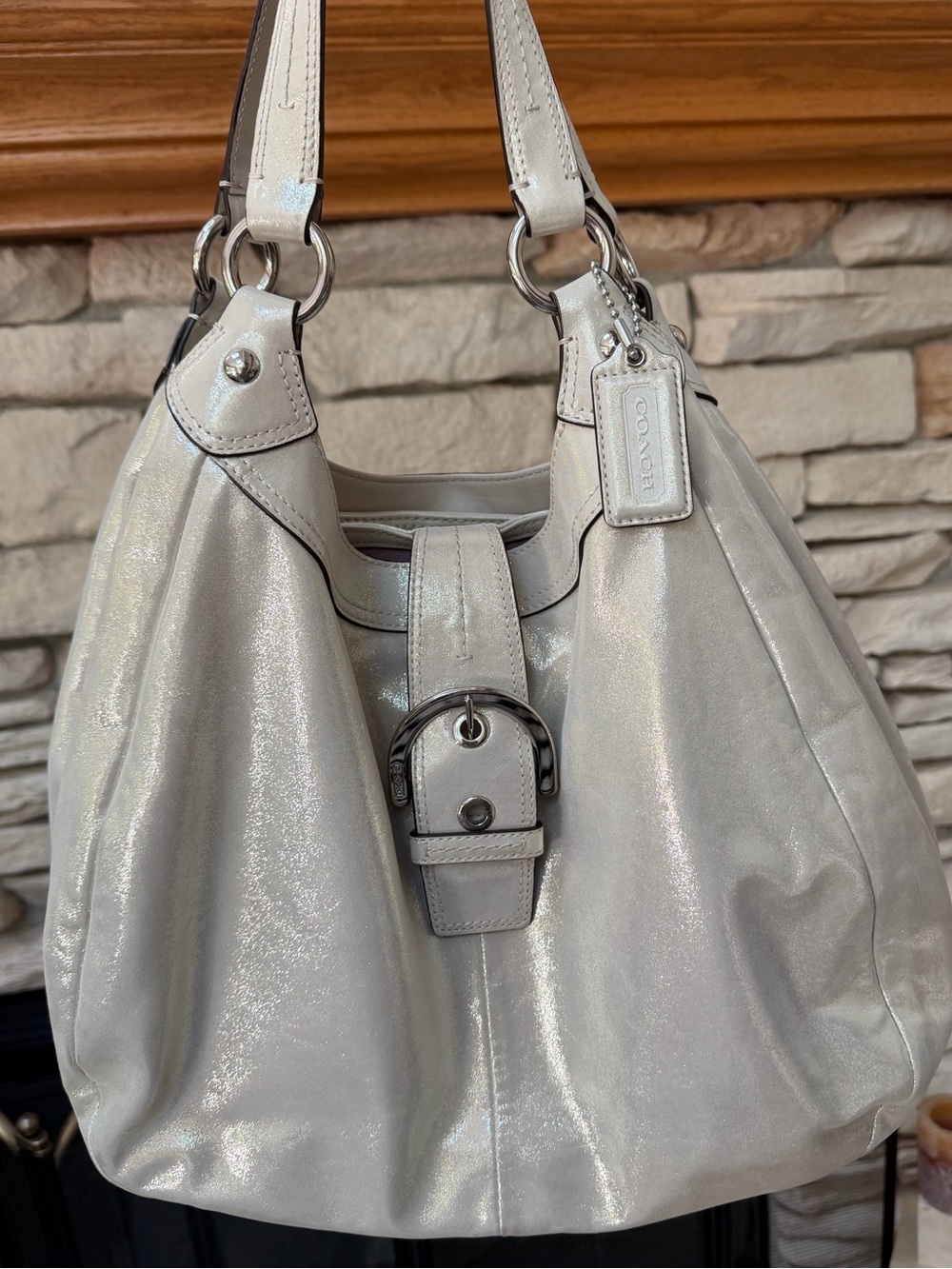 New Coach Silver Metallic Leather Hobo Shoulder Bag